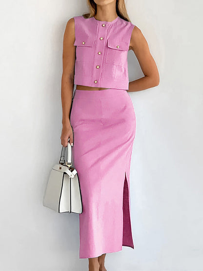 Split Pockets Sleeveless Skirt Set