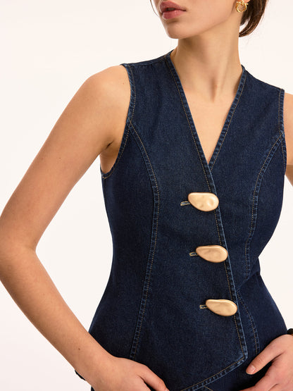 Asymmetrical Button Denim Vest & Shorts Set