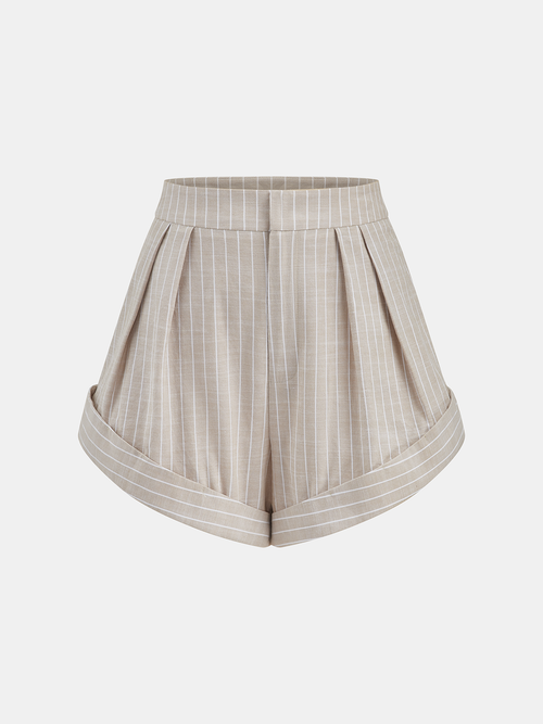 Mid-Waist Striped Pleated Cotton Shorts