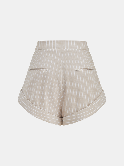 Mid-Waist Striped Pleated Cotton Shorts
