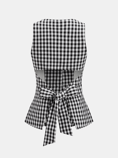 Gingham Bow Backless Sleeveless Top