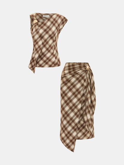 Plaid Asymmetric Top & Wrap Skirt Set