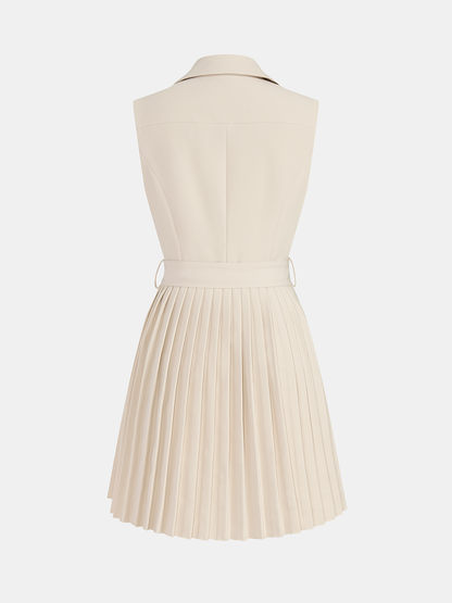 Sleeveless Lapel Belted Pleated Mini Dress