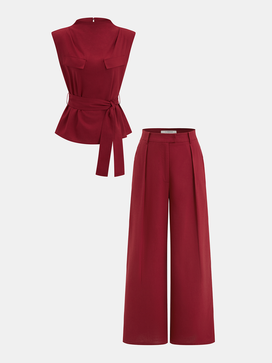 Belted Sleeveless Top & Wide Leg Pants Set