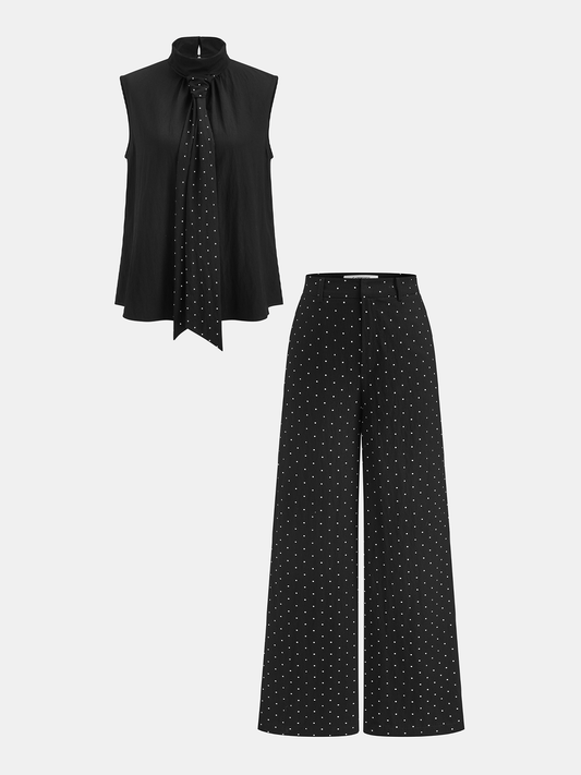Polka Dot Tie Neck Top & Wide Leg Pants Set