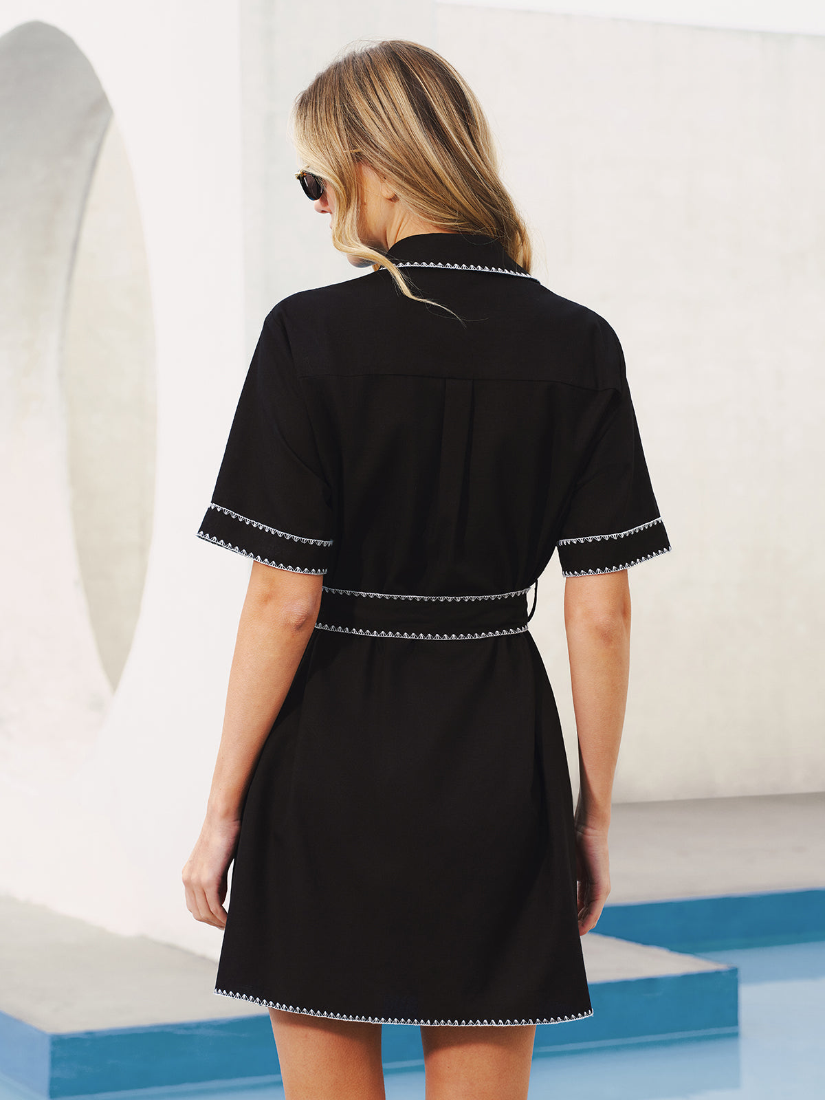 Oversized Contrast Stitch Belted Shirt Dress