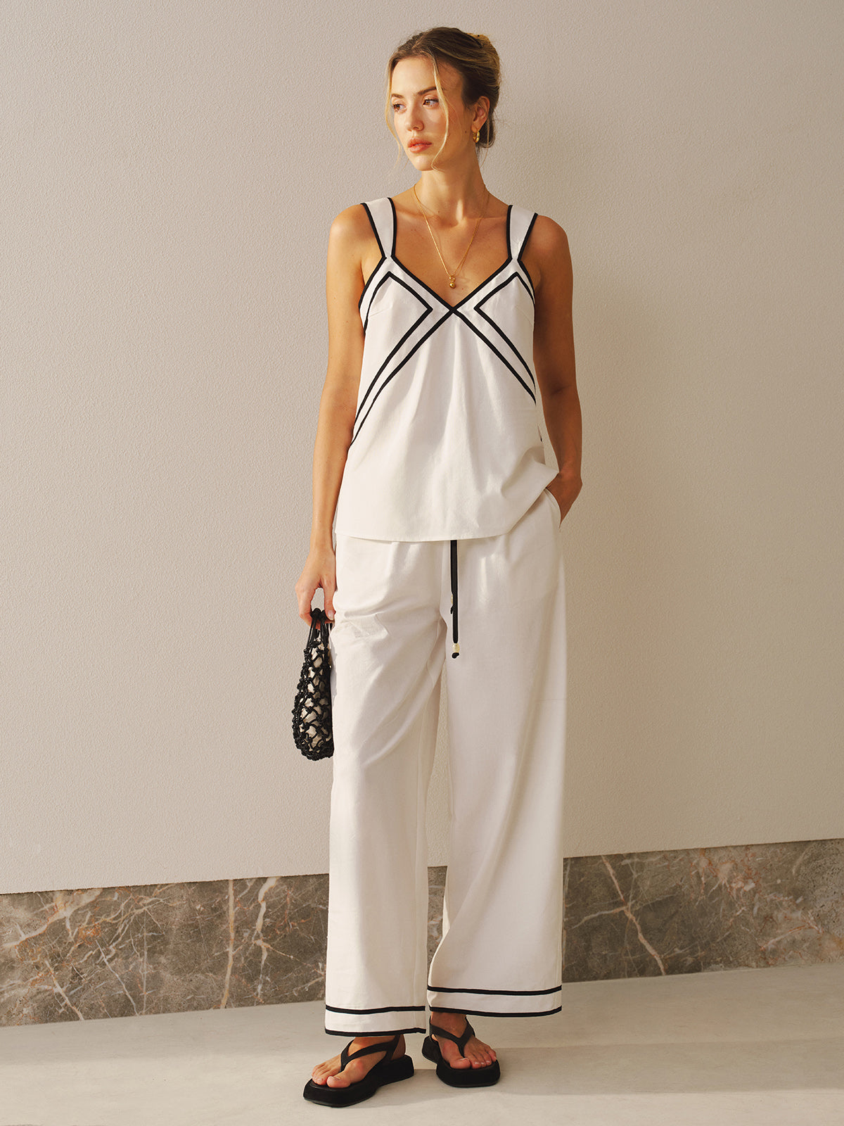 Contrast Trim Cami Top & Wide Leg Pants Set