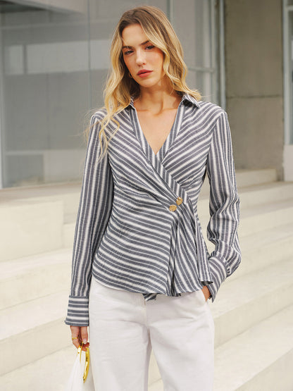Striped Wrap V-Neck Shirt