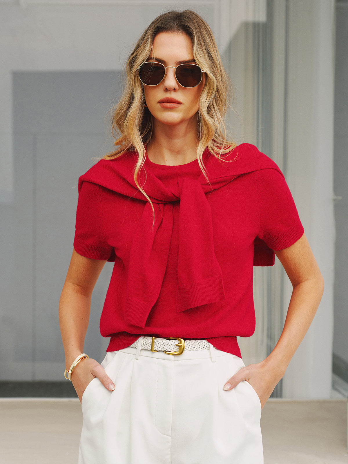Wool Blend Scarf Detail Knit Short Sleeve Top