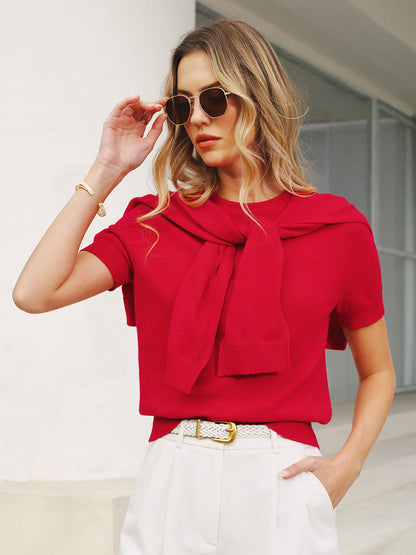 Wool Blend Scarf Detail Knit Short Sleeve Top