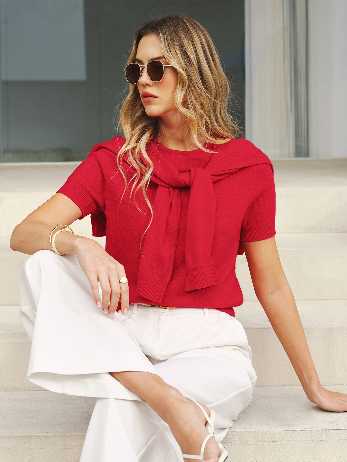 Wool Blend Scarf Detail Knit Short Sleeve Top