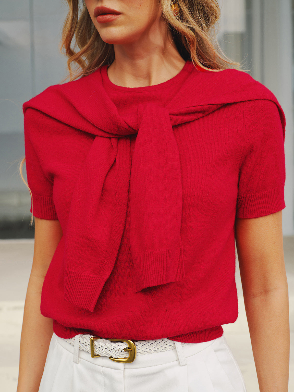 Wool Blend Scarf Detail Knit Short Sleeve Top