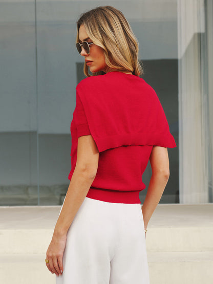 Wool Blend Scarf Detail Knit Short Sleeve Top