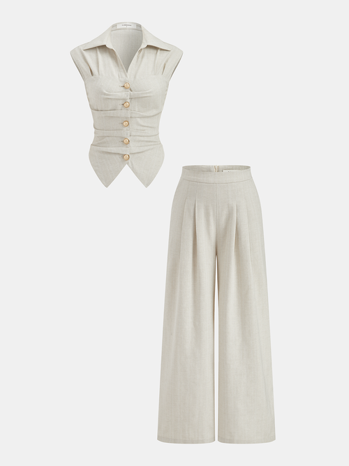 Cotton Linen Sleeveless Top & Pleated Pants Set
