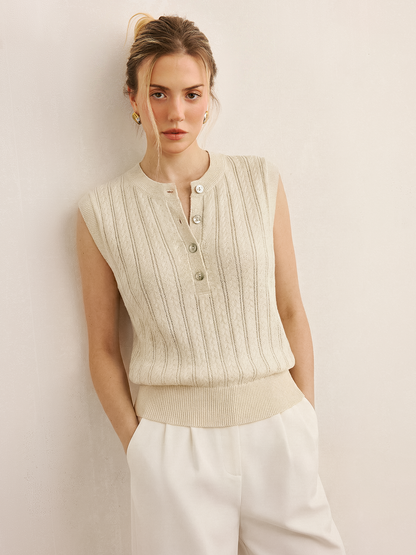 Cable Knit Sleeveless Henley Sweater Vest