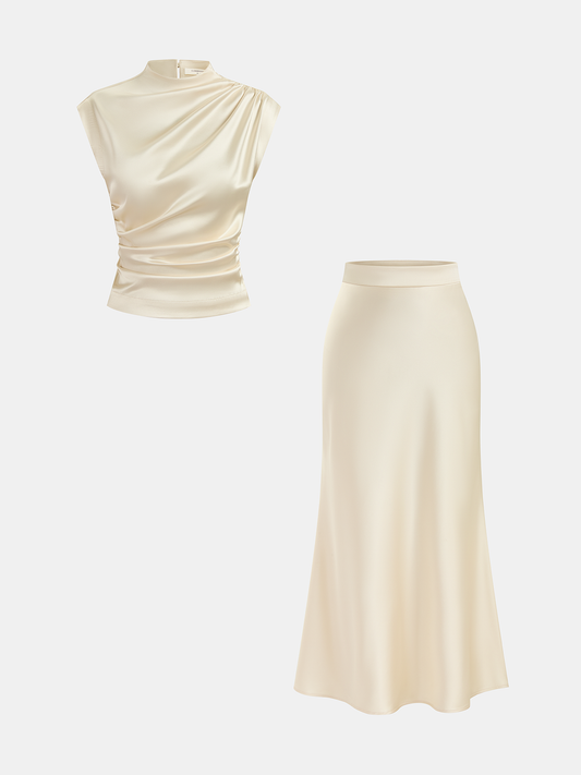 Satin Ruched Top & Midi Skirt Set
