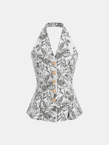 Floral Print Halter Button-Front Vest Top