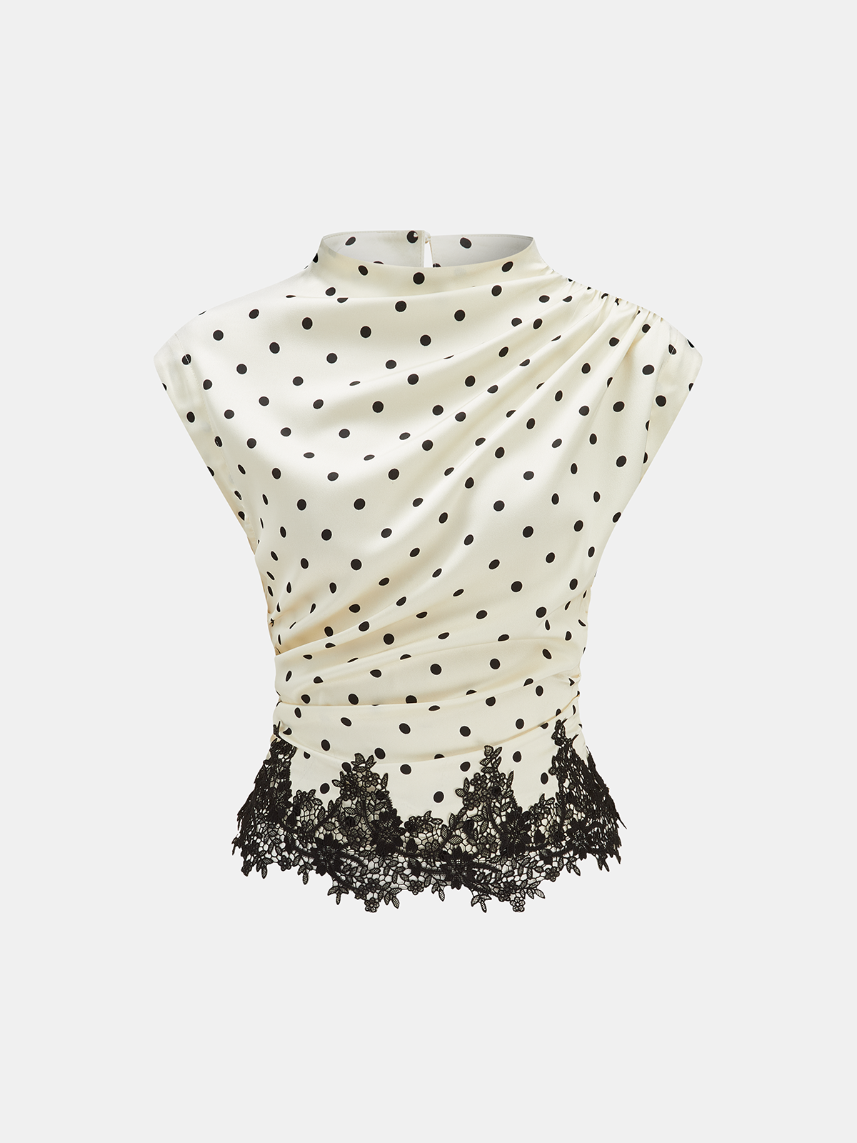 Polka Dot Ruched Lace Hem Sleeveless Blouse