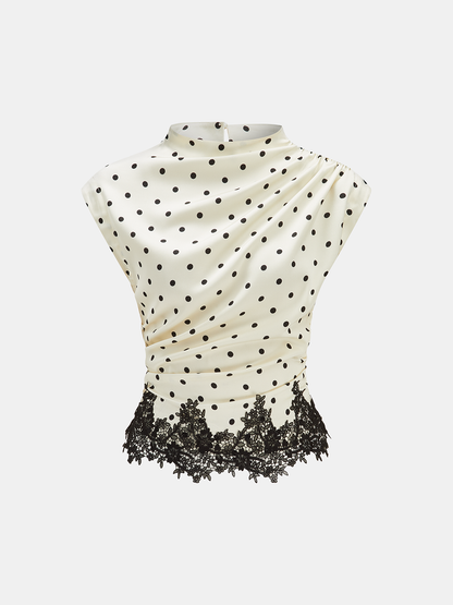 Polka Dot Ruched Lace Hem Sleeveless Blouse