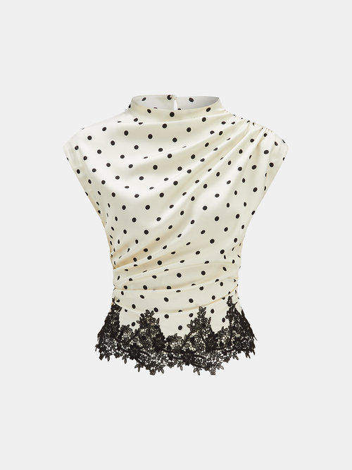 Polka Dot Ruched Lace Hem Sleeveless Blouse