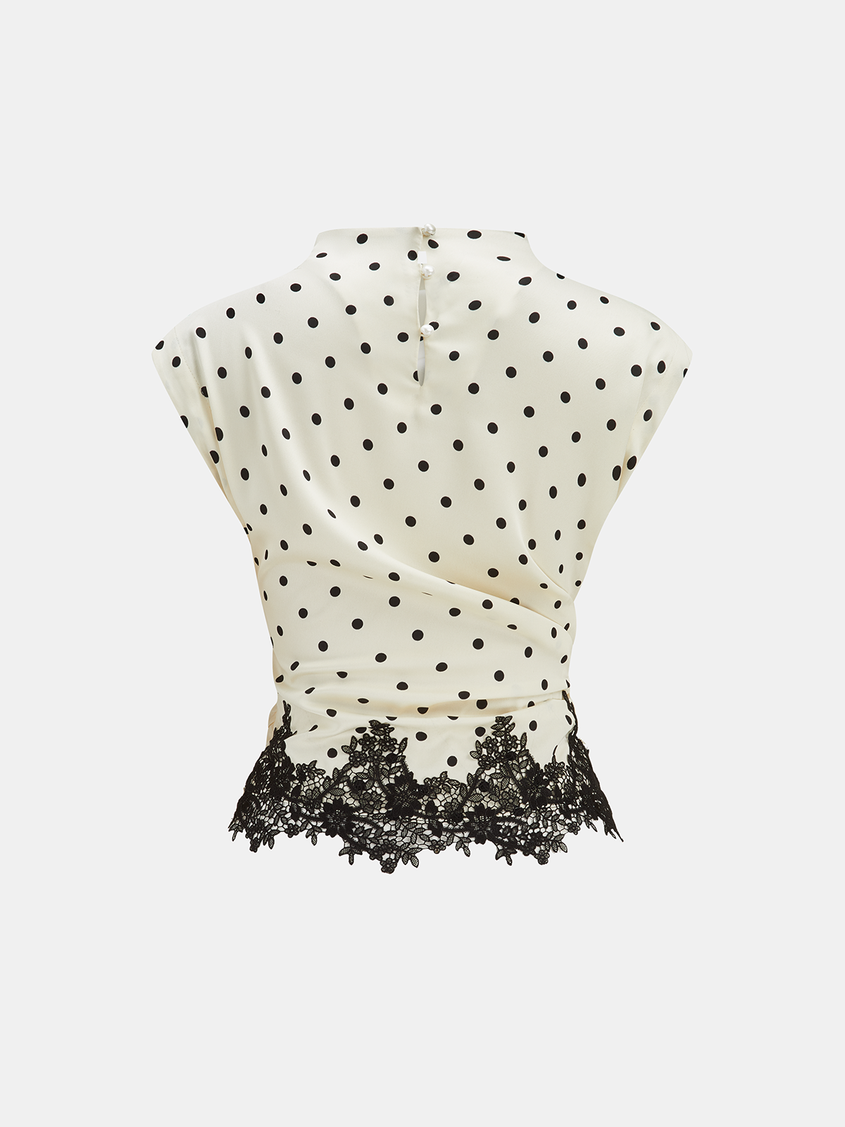Polka Dot Ruched Lace Hem Sleeveless Blouse