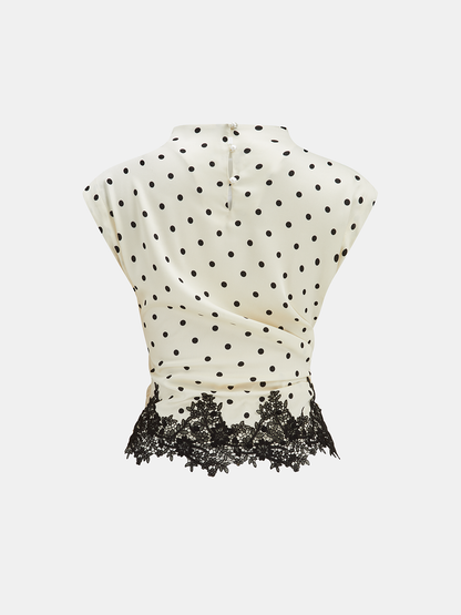 Polka Dot Ruched Lace Hem Sleeveless Blouse