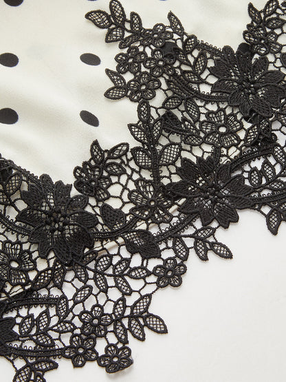 Polka Dot Ruched Lace Hem Sleeveless Blouse