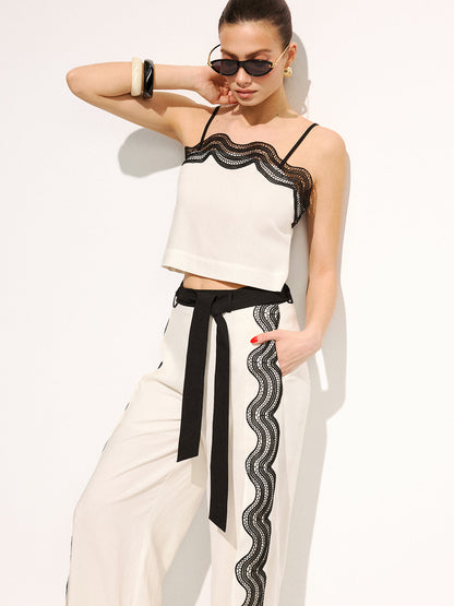 Cotton Linen Lace Trim Cami Top & Pants Set