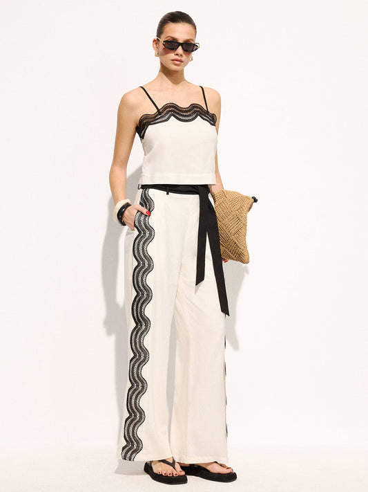 Cotton Linen Lace Trim Cami Top & Pants Set