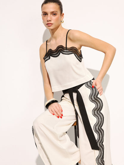 Cotton Linen Lace Trim Cami Top & Pants Set