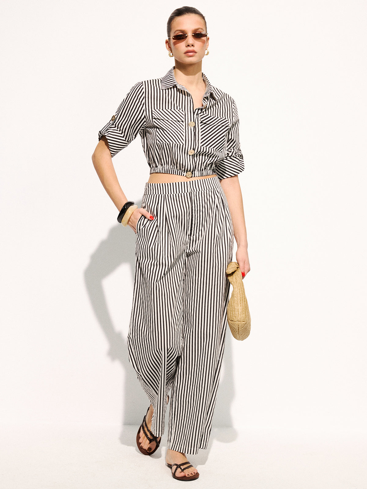 Striped Cropped Shirt & Wide Leg Pants Set
