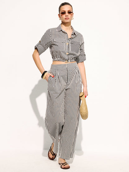 Striped Cropped Shirt & Wide Leg Pants Set
