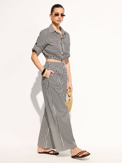 Striped Cropped Shirt & Wide Leg Pants Set