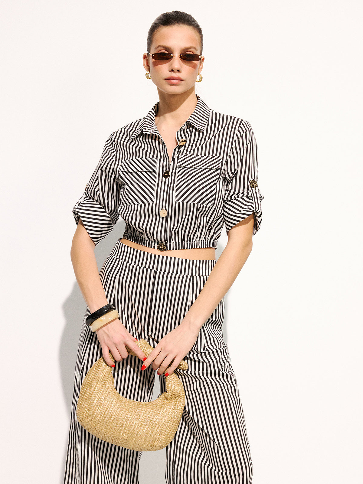 Striped Cropped Shirt & Wide Leg Pants Set
