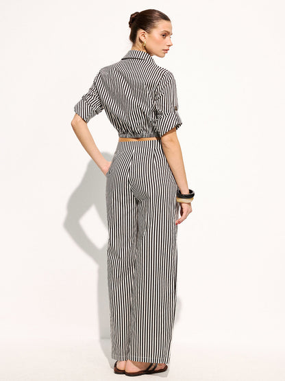 Striped Cropped Shirt & Wide Leg Pants Set