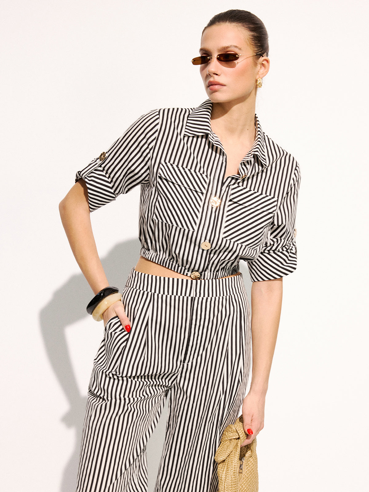 Striped Cropped Shirt & Wide Leg Pants Set