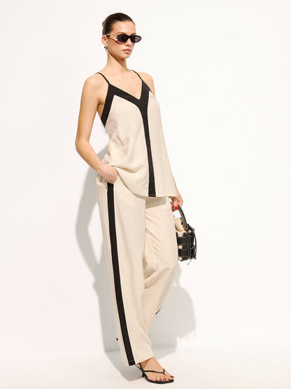 Cotton Linen Contrast Trim Cami Top & Pants Set