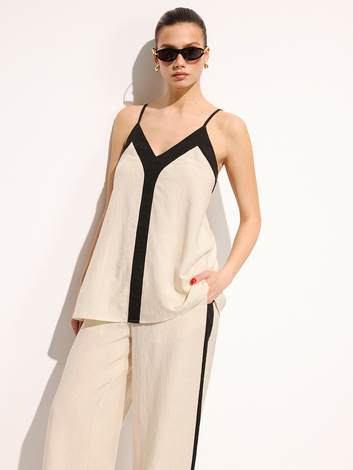 Cotton Linen Contrast Trim Cami Top & Pants Set