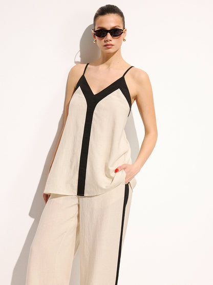 Cotton Linen Contrast Trim Cami Top & Pants Set