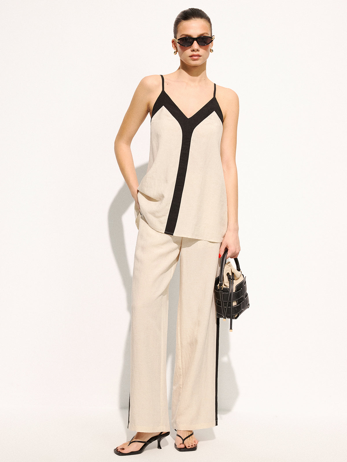 Cotton Linen Contrast Trim Cami Top & Pants Set