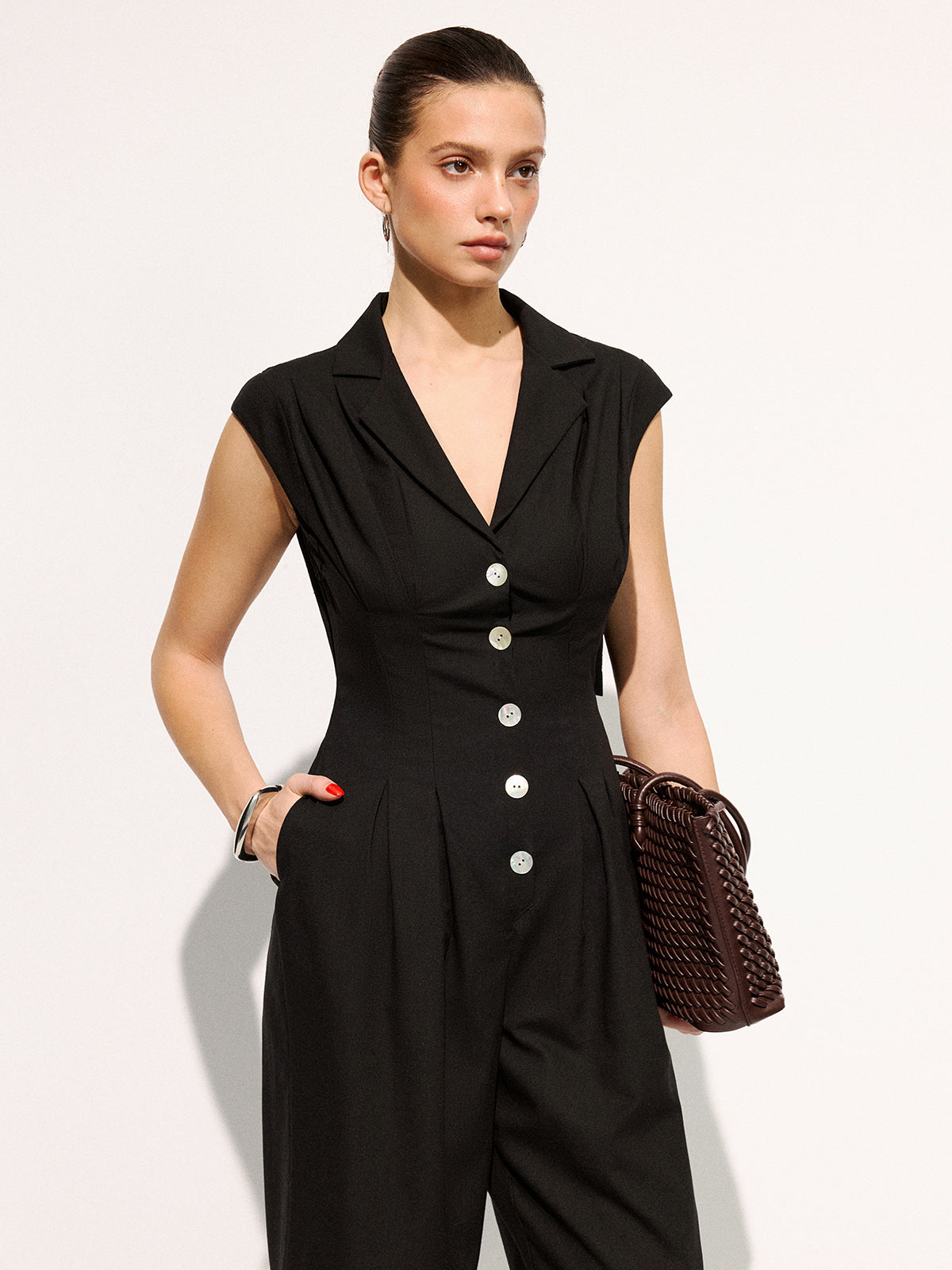 Linen Blend Sleeveless Lapel Wide Leg Jumpsuit