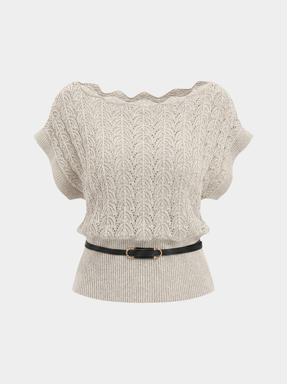 Scalloped Neck Belted Knit Top