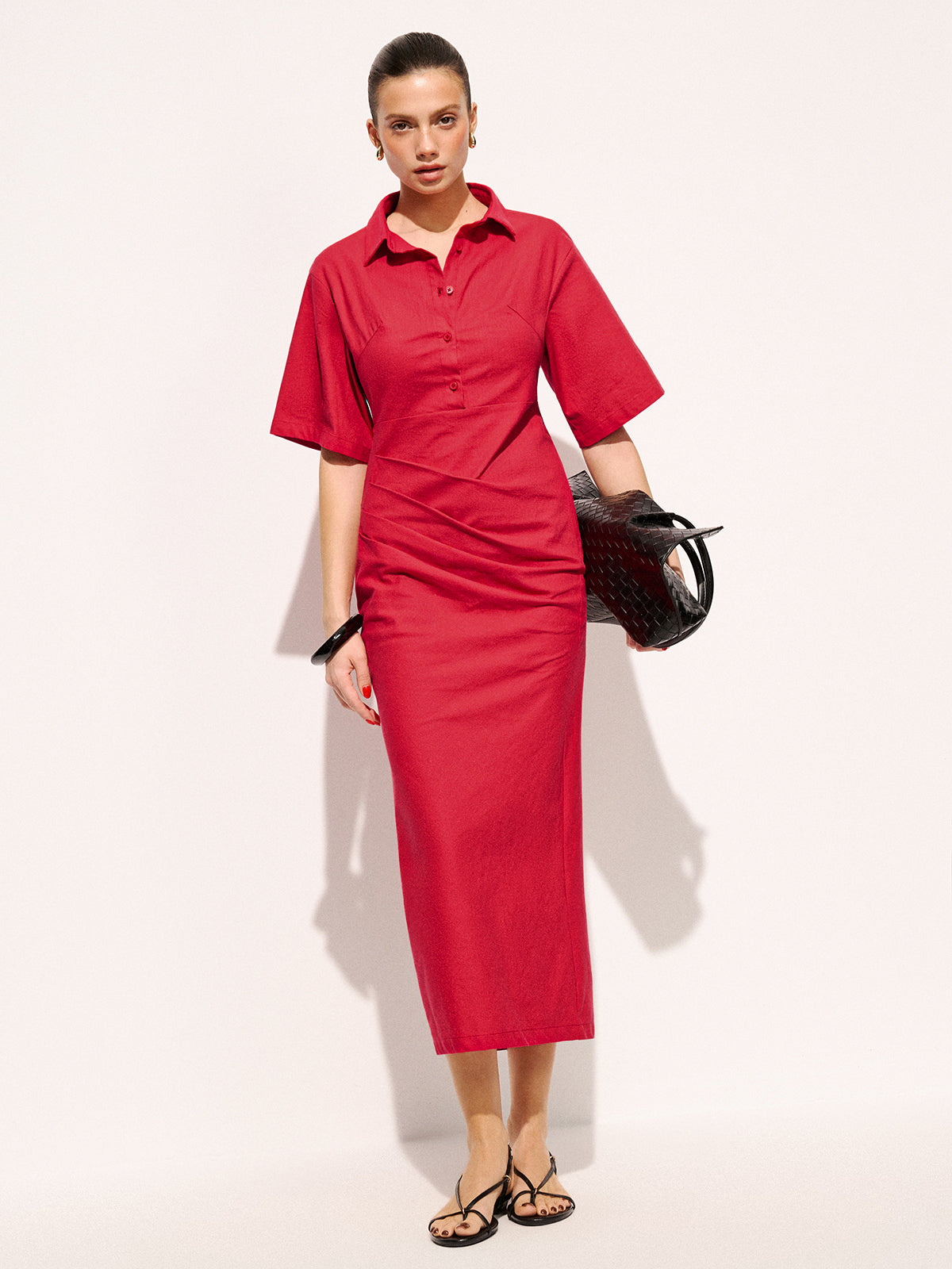 Cotton Pleated Shirt Midi Dress