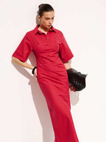 Cotton Pleated Shirt Midi Dress