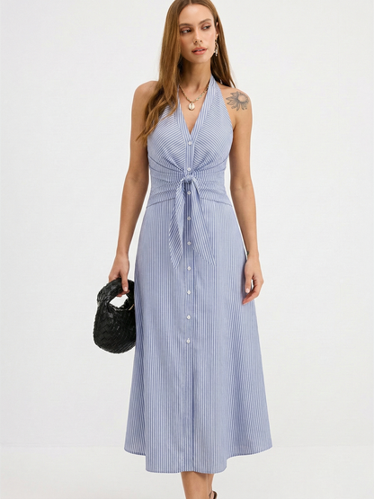 Cotton Striped Halter Tie-Waist Maxi Dress