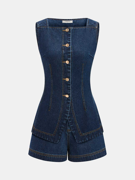 Metal Button Denim Sleeveless Vest & Shorts Set