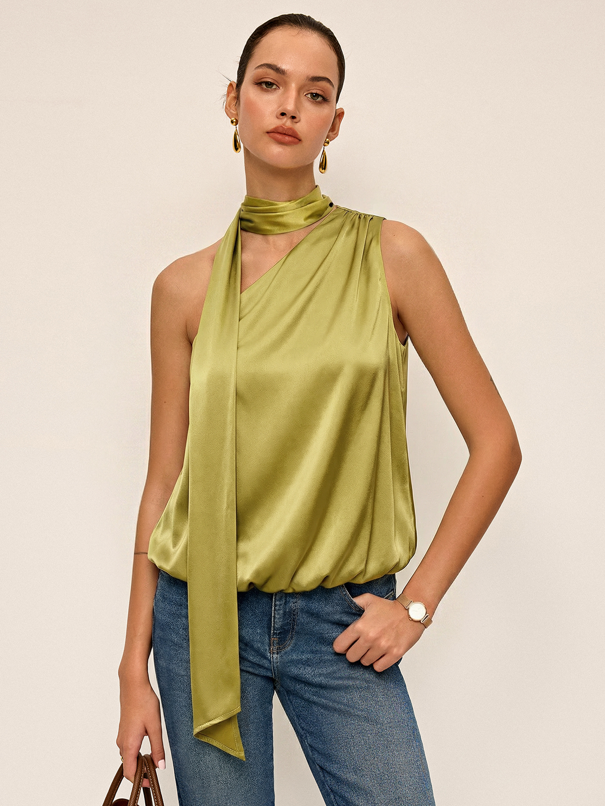 Tie-Neck One-Shoulder Satin Top