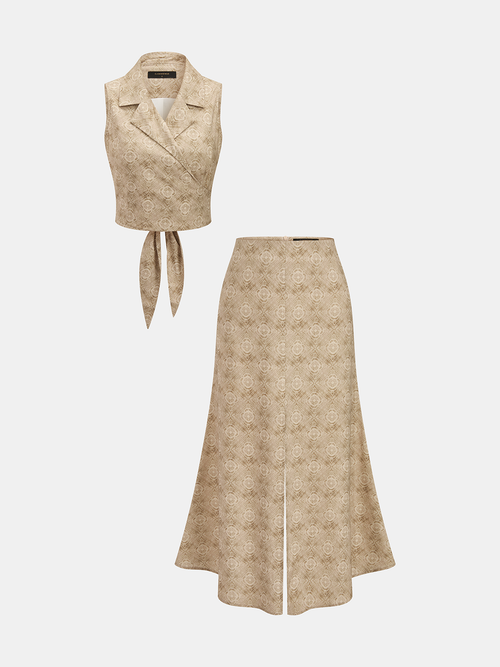 Linen Blend Printed Vest & Midi Skirt Set