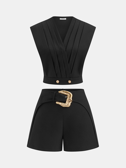 Linen-Blend Pleated Top & Buckle Shorts Set