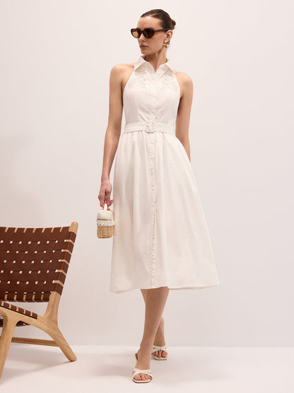 Cotton Embroidered Belted Halter Maxi Dress